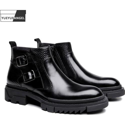 Winter Men High Top Thick Platform Ankle Boots Cowhide Genuine Leather Work Safety Shoes Buckle Fleece Lining Biker Riding Boots
