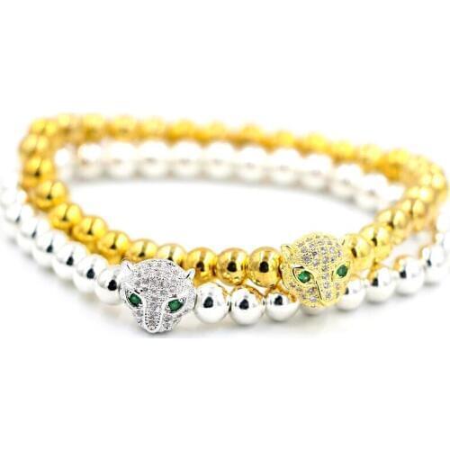 BPPCCR Leopard Head Micro Pave CZ Cubic Zirconia Gold Color Dull Polish Fits Bead Bracelets Pulseras Hombre Men Women