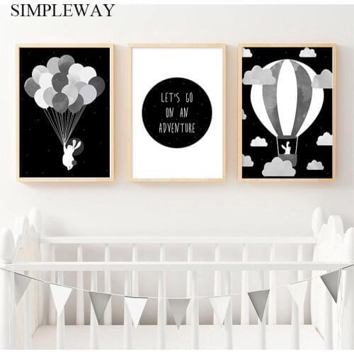 Black White Nursery Canvas Poster Bunny Balloon Wall Art Print Minimalist Painting Nordic Kid Baby Bedroom Decoration Picture
