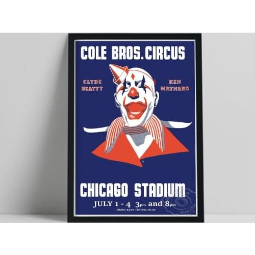 Cole Bros Circus Poster, Blue Red White Funny Clown Art Prints, Nostalgic Smile Clown Wall Prints Art, Bar Pub Club Wall Decor