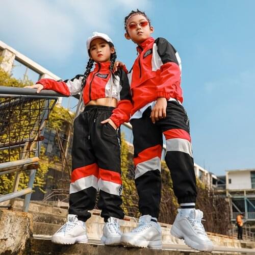 ChildrenS Jazz Dance Costumes Red Jacket Sweatpants Suit Hip Hop Clothing For Girls Ballroom Modern Dancing Clothes DQS3279