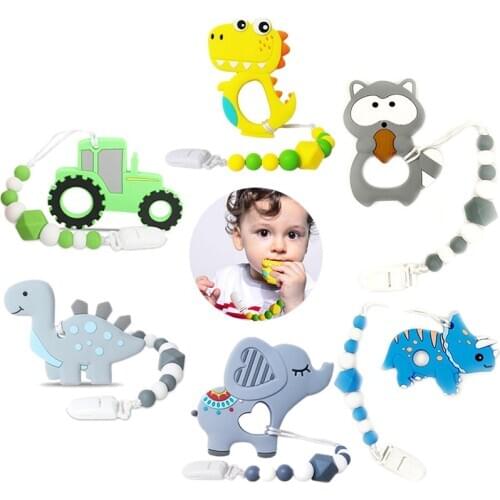 Baby Cartoon Dinosaur Silicone Teether Food Grade BPA Free Silicone Beads Teether 1 Set Infant Chew Toys Baby Teethers Gift