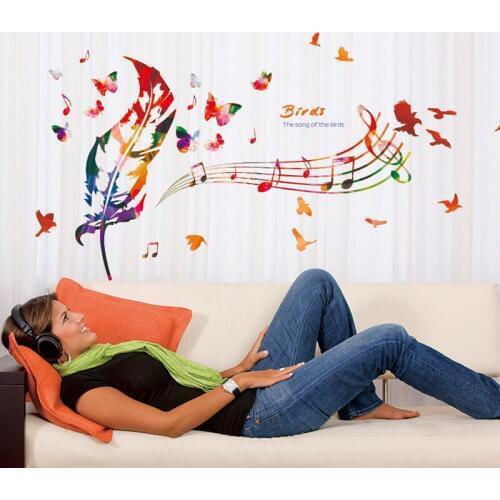 Colorful Feathers Music Notes wall sticker Vinyl DIY Feather Wall Decals For Living room bedroom music room decor sticker