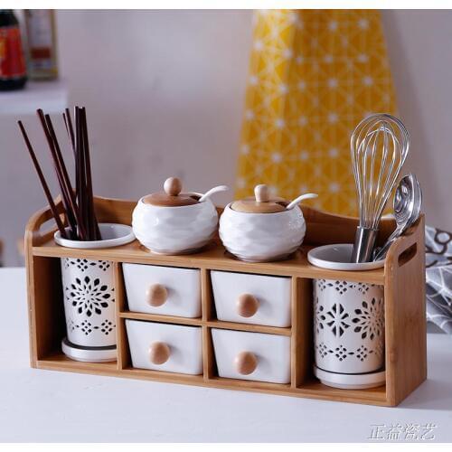 Kitchen creative seasoning pot glass salt hollow chopsticks tube bamboo wooden frame ceramic glass jars and lids containers