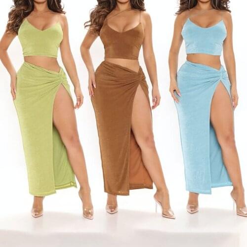 Solid Color Spaghetti Straps Hollow Out Sleeveless And Side Slit Skirt Two Piece Set Sexy Party Club Bodycon For Womens 2021
