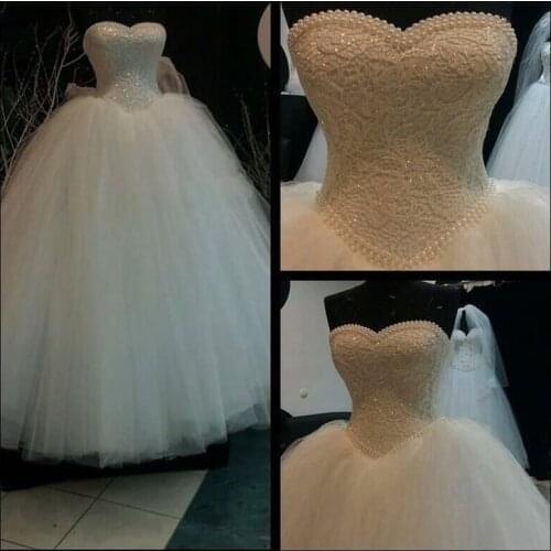 Luxury White Long Bridal Free Petticoat Ball Gown Heavy Pearls Beading Lace Sweetheart Floor Length mother of the bride dresses