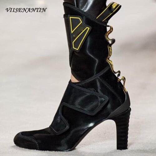 Pointed Toe Mid-calf High Heel Short Knight Boots Women Genuine Leather Patchwork Magic Tapes Botas Mujer Stretch Fabric Shoes