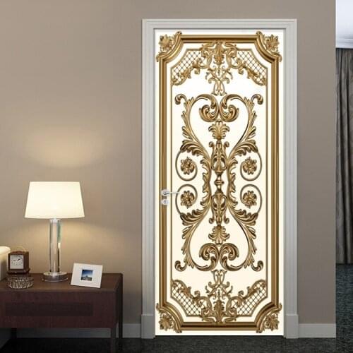 Self-Adhesive Door Sticker European Style 3D Stereo Metal Pattern Wallpaper Living Room Bedroom Luxury Home Decor 3D Door Poster