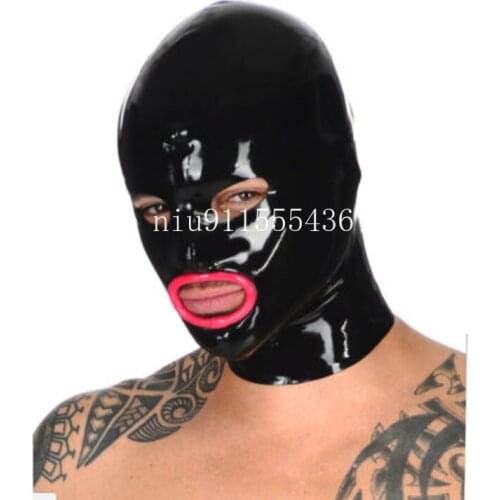 Sexy Exotic Lingerie Latex Hood with Red Mouth Circle Back Zip Fetish Hood Mask for Face Men