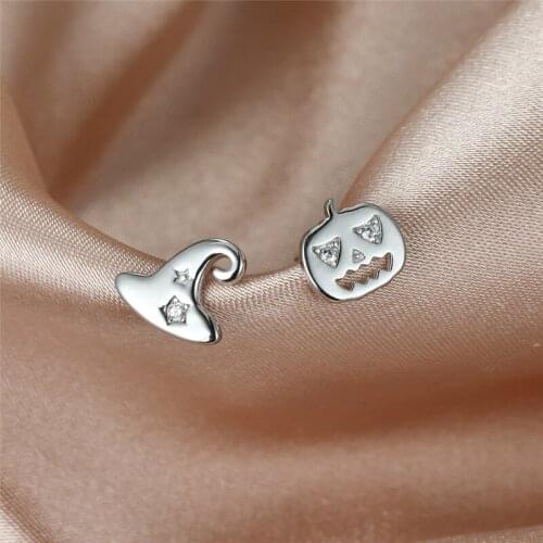 Wizard Hat and Pumpkin Head Cute Small Earrings For Women 100% 925 Sterling Silver White Zircon Earrings Halloween Punk Jewelry