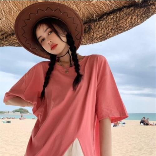 Loose and simple short-sleeved womens split t-shirt mid-length top summer