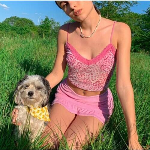Y2k Sexy Spaghetti Strap Top Women Vintage 90s Tees Blue Pink Leopard Print Crop Top E-Girl Fashion Backless Lace Camis Tops