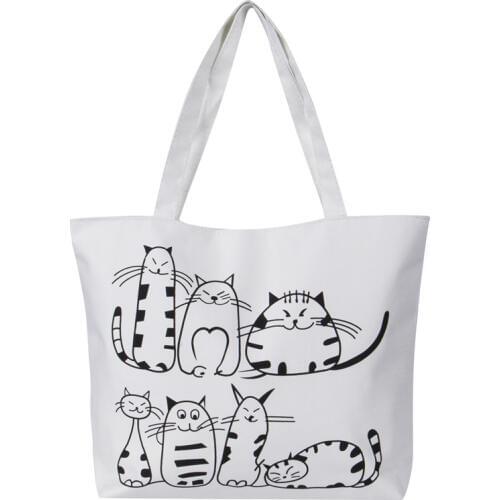 Women Canvas Handbag cartoon Cat Printed Shoulder bag Female Large Capacity Ladies Beach Bag Women Canvas Tote Shopping Handbags