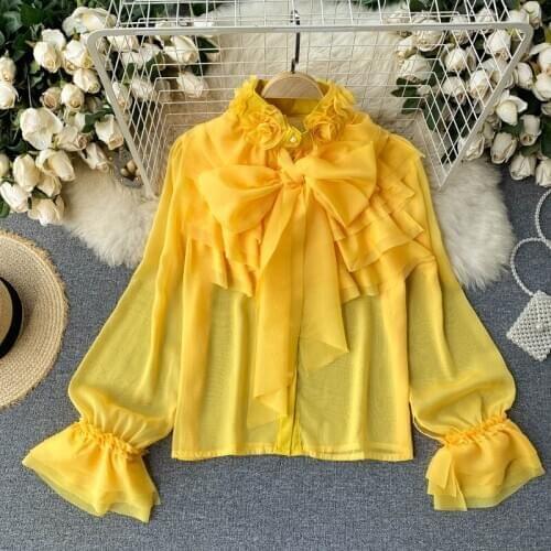 Women High Fashion Floral Stand Collar Bowknot Chiffon Shirt Ruffled Puffy Sleeve Ladies Sexy Shirt Top