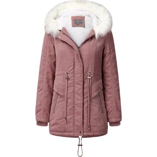 New Style Ladies Cotton Lining Casual Coat Jacket Fashion Adjustable Waist Fur Collar Winter Coat Ladies Mid-Length Cotton Coat