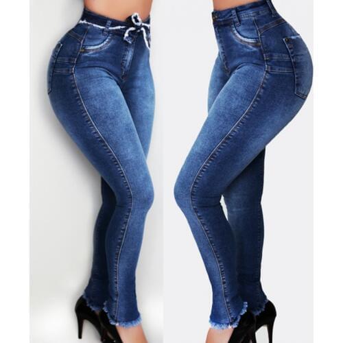 2020 High Waist Jeans Women Slim Stretch Denim Jean Bodycon Tassel Belt Lace Up Skinny Push Up Mom Jeans ladies Boyfriend Jeans