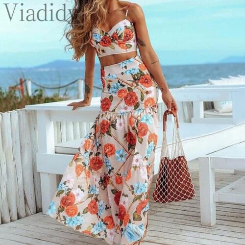 Women Summer Spaghetti Strap Camisole Top and High Waist Floral Print Big Wing Skirts 2pcs Set