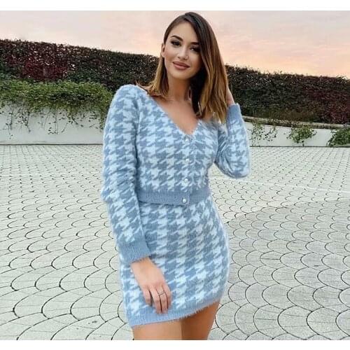 Womens Clothing Knitted long sleeve top Skirt Suit Pullovers Autumn Winter Two Piece Set Slim Sexy Sweater Tops Skirt