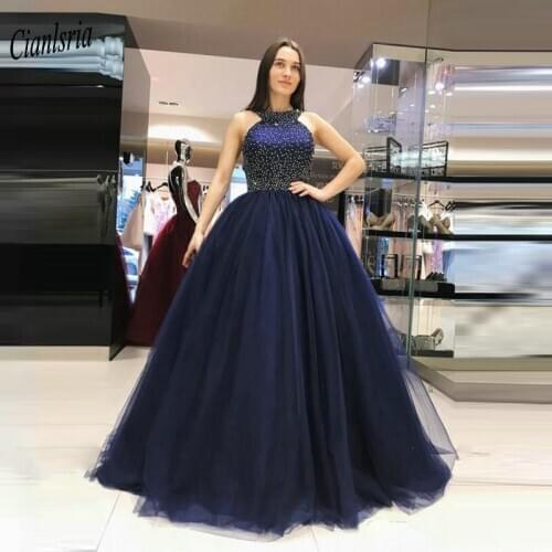 Navy Blue Beading Pearls Top Open Back Ball Gown Quinceanera Dresses With Bow Halter Sleeveless Sweet 16 Prom Party Dresses