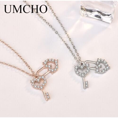UMCHO Shining 925 Sterling Silver Heart Lock Pendant Necklace Cubic Zircon Romantic Wedding Gifts For Women Girls Fine Jewelry
