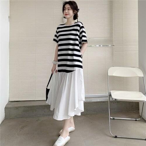 NYFS Summer Dress 2021 Korean New Loose Black white Stripes Patchwork Woman Dress Vestidos Robe Elbise Short Sleeve Dresses