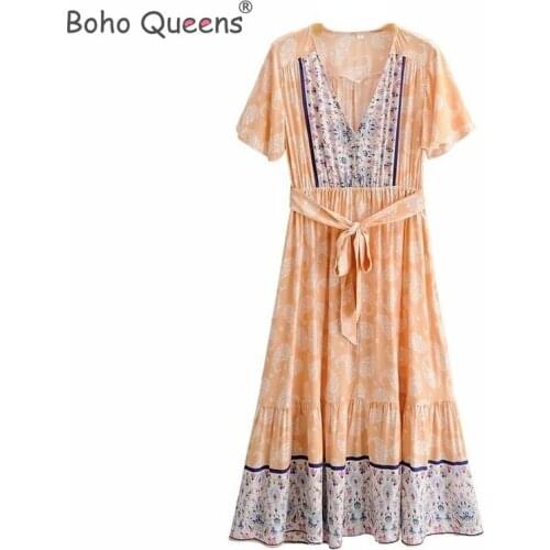 Boho Queens women Floral print botton front beach Bohemian maxi dress Ladies cross V neck cotton happie sundress vestidos