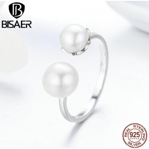 BISAER 925 Sterling Silver Elegant Two White Pearls Open Finger Rings For Women Wedding Fashion Jewelry Valentines Day Gift