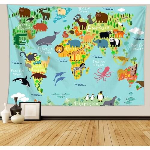 Animals World Map Tapestry Wall Hanging Childrens Room Decor Cartoon Cute Backdrop Cloth Printed Polyester Beach Towels Carpets
