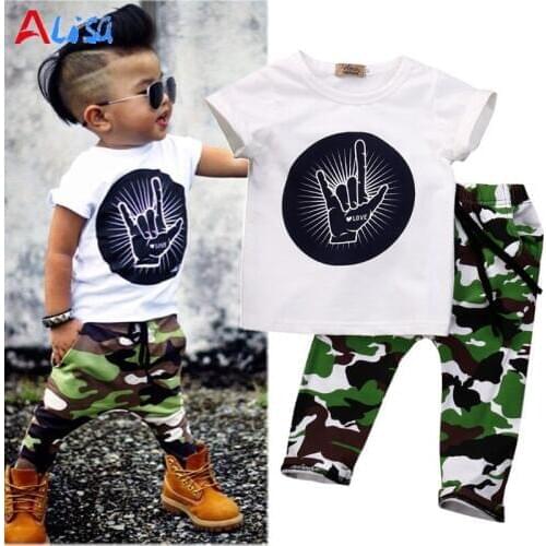 2016 new summer camouflage printed baby boy clothes sets, comfortable cotton T-shirt + pants 2pcs newborn baby girl clothes k1
