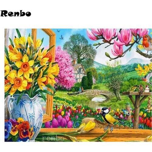 Diy Diamond Painting 5D Garden Hut Birds Spring Landscape Embroidery Puzzle Diamond Mosaic Christmas Gift Wall Decoration 2021