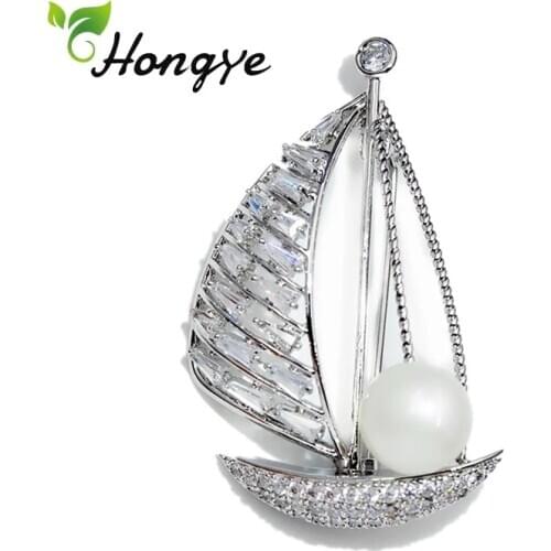 Hongye 925 Silver Pin Coat Party Dress Shell Pearls Decorative AAA Zircons Quality Sailboat Females Fine Jewelry Brooches