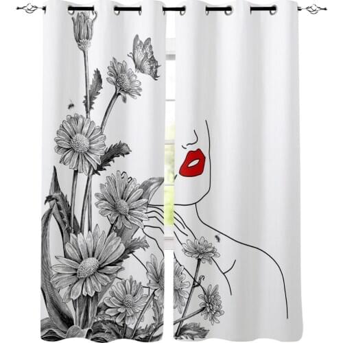 Flower Daisy Female Line Red Lips Curtains Panel Kitchen Decor Items Window Curtains for Living Room Curtains Kids Bedroom