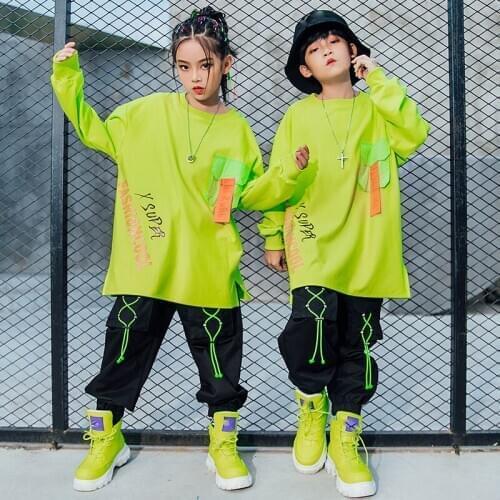 ChildrenS Hip-Hop Clothes Boys Loose Sweater Trousers Girls Hiphop Stage Costumes Jazz Dance Costtumes Street Dancewear DQS6234