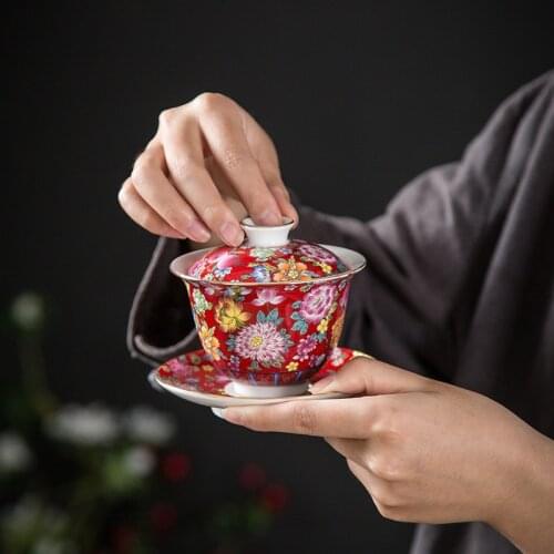 Handmade Kung Fu Gaiwan Ceramic Hand-painted Sancai Gai Wan Tea Tureen Tea Bowl with Saucer Home Decor Tea Set