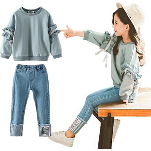 Fashion Girl Set Spring Autumn Kids Clothing Set Solid Sweatshirt + Jeans Pants 2Pcs Teenager School Girls Long Sleeve Tracksuit