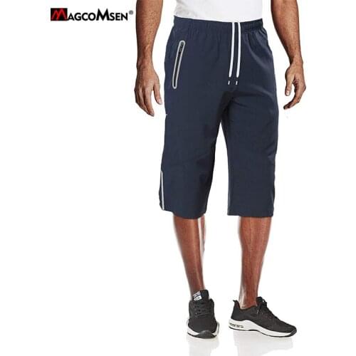 MAGCOMSEN Brand Summer Breathable Quick Dry Long Length Shorts with Zip Pockets Reflective Strap Elastic Waistband Sports Shorts