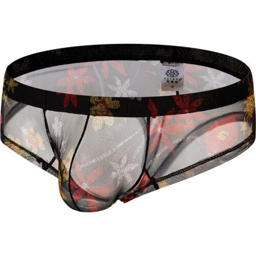 Mens Underwear Boxer Sexy Male Panties Gay Mens Bikini Transparent Samll Boxer Bohemia Style Printed Underpants See Through