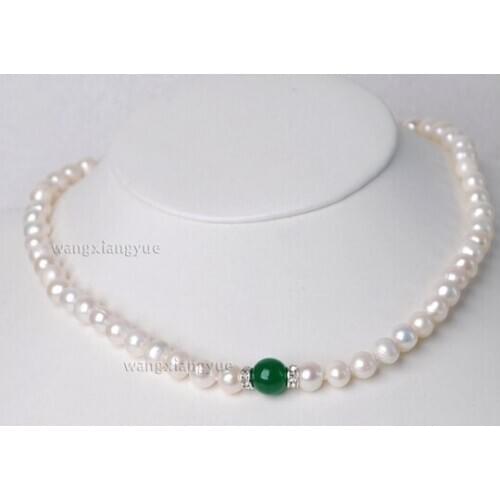 Real 7-8mm White Akoya Pearl & Green Emerald Round Beads Necklace 18"