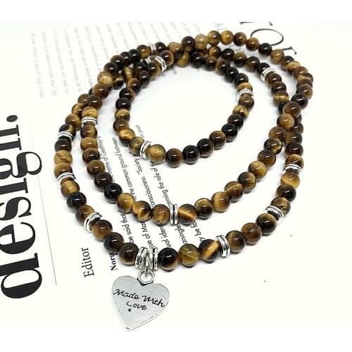 Natural Tiger eye Stone Round Beads Love Heart Charm Bracelets Not Glass Women Necklace 6 mm Bead For Her Gift Woman Jewelry