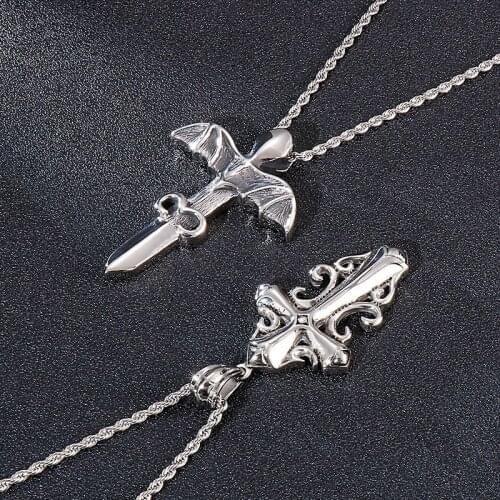 Retro New Necklace, European and American Old Personality Gothic Cross Angel Wing Sword Titanium Steel Male Pendant