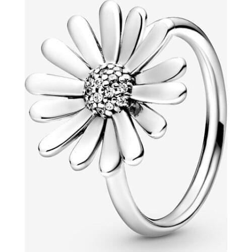 NEW 925 Prue Silver Rings Pave Sparkling Daisy Flower Silvery Color Ring Pave Daisy Flower Statement Ring Fashion Jewelry Gift