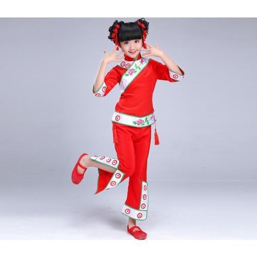New Style Traditional Chinese Dance Costumes Girls Red Classical Yangko Dance Suit Child Waist Drum Stage Performance Clothes