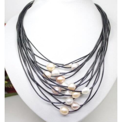 01-12mm Real White pink purple Freshwater Pearl Pendant Necklace Leather Cord Magnet Clasp Fashion Jewelry