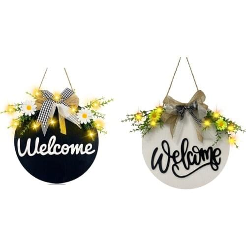 Lighted Welcome Wreath Sign Front Door Porch Decor Rustic Round Wooden Hanging Hello Sign Outdoor Spring Summer Decor