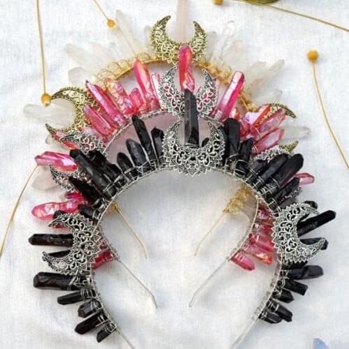Natural Crystal Crown 3 Moon Witch Hair Bands Party Decorations Raw Crystal Crown Hair Bands Wedding Hair Accessories Gifts