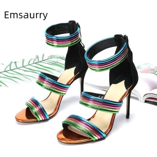 Iridescent Narrow Band Gladiator Sandals Women 10cm Thin Heel Sexy Open Toes Cover Heels Back Zip Summer 2021 Shoes Woman