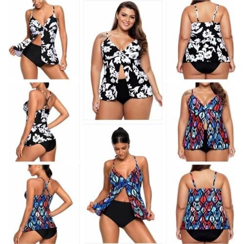 Sexy Women Bikini Plus Size Adjustable Shoulder Straps Back Criss Cross Deep V Neck Floral Print Pattern Padded Cups 2 Piece Set