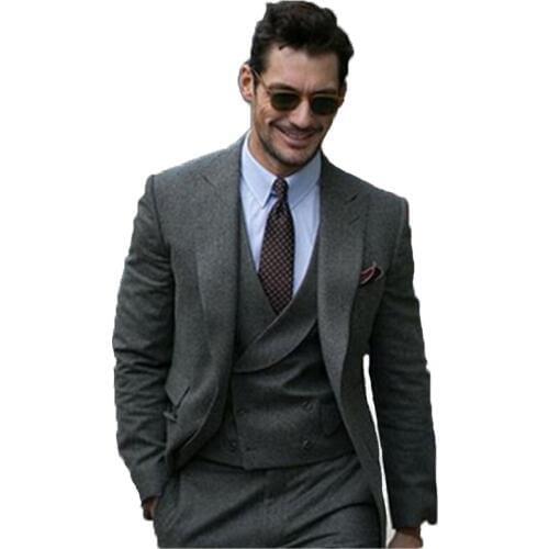 Grey Tweed Men Suits For Wedding Custome Made Dinner Suits Business Suit Evening Dress Groom Wear 3 Pieces(Jacket+Pants+Vest)