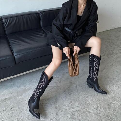 New women leather boots western boots leather women boots pointed toe western cowboy boots women mid-calf chunky wedges boots