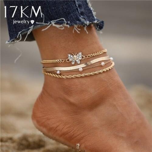 Bohemian Gold Color Multilayer Crystal Butterfly Anklets For Women Pearl Beads Beach Ankle Bracelet Foot Chain Jewelry